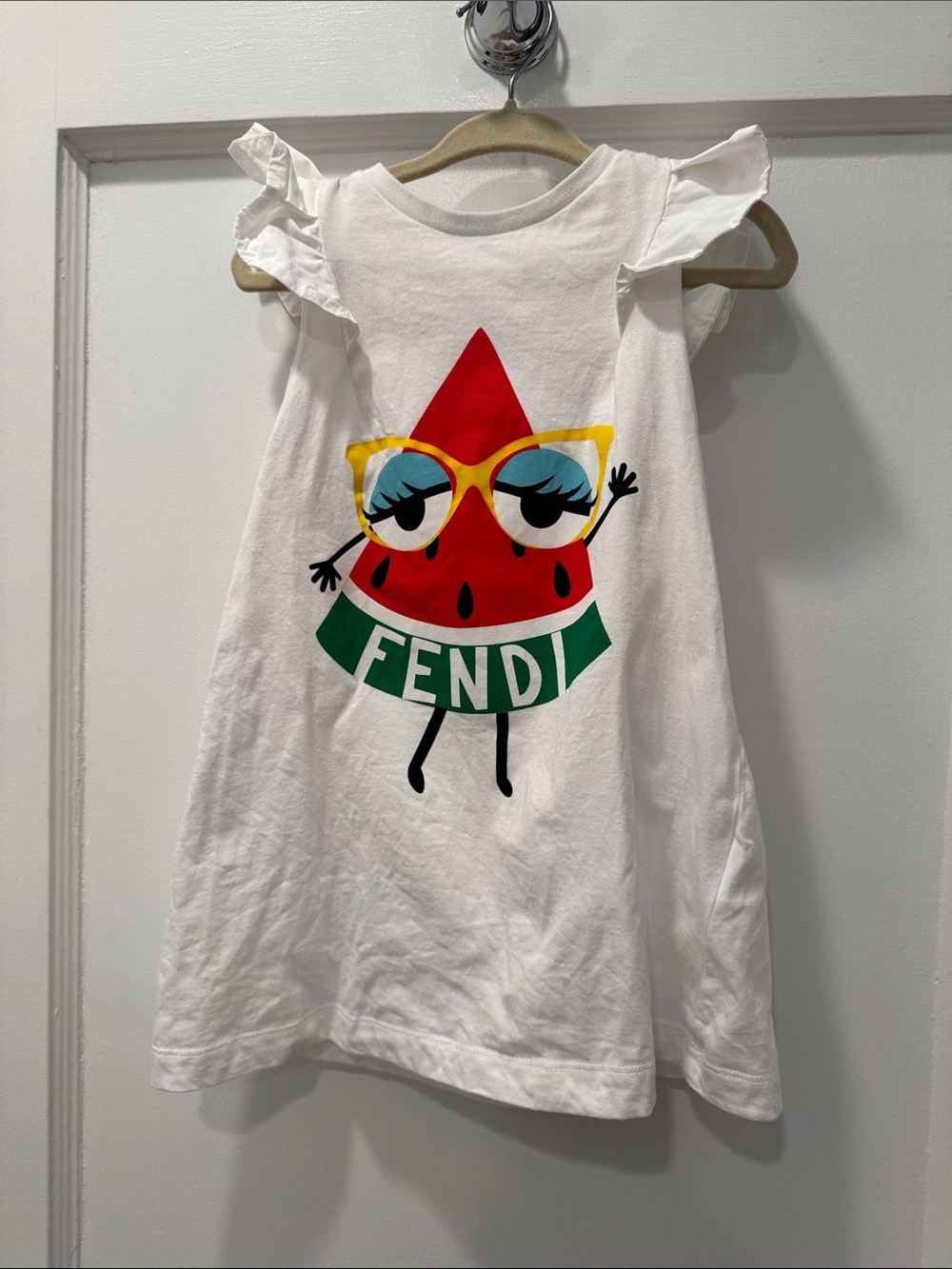 Fendi White Dress with Red Watermelon Character and Yellow Sunglasses size 24 M